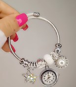 تصویر آویز ساعت پاندورا با پلاک مروارید و استیل 