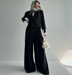 تصویر ست کت کراپ شلوار دی جی رنگ کرم و مشکی 