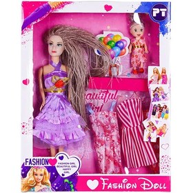 تصویر عروسک باربی با بچه و ست لباس 