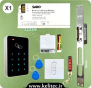 تصویر پکیج کنترل تردد باتری دار درب آپارتمان = اکسس کنترل لمسی رمزی کارتی T6 + مقابل برقی SARO اسپانیا + منبع تغذیه با باتری لیتیومی + رسیور و ریموت 