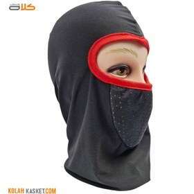 تصویر فیس ماسک پارچه ای ( اسکارف ) رنگ مشکی red stripe Black fabric face mask (scarf) with red stripe