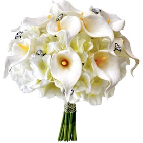 تصویر دسته گل مخلوط عروس با ترکیب گلهای آرتانزیا ابریشمی و شیپوری فومی درجه یک کد 2038 