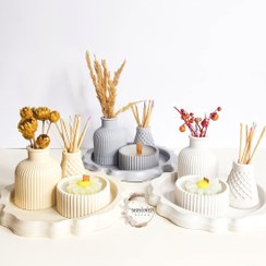 تصویر ست دکوری ۴ عددی شات شمع سفید و طوسی و کرم 