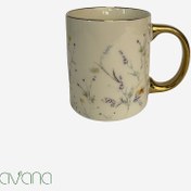 تصویر ماگ دسته طلایی طرح گل دنی هوم 