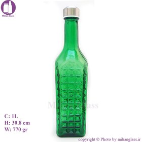 تصویر بطری مربعی سبز یک لیتری شطرنجی پیچی با درب استیل- بسته 12 تایی 