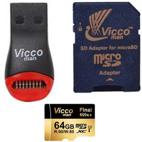 تصویر رم میکرو ۶۴ گیگ ویکومن Vicco Final All In One U3 A1 90MB/s + رم ریدر viccoman 600x plus all in one 64gb uhs-i u3 up to 90 mb/s