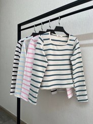 تصویر بلوز کراپ یقه خشتی راه راه - آبی 