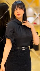 تصویر مدل میدی ترکیبی ساتن و دانتل با کمربند 