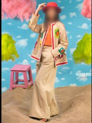 تصویر ست کت و شلوار زنانه کتان کرم گره استایل مدل تافی 