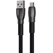 تصویر کابل هوشمند دیتا و فست شارژ microUSB ریمکس مدل Gonro 159m با شدت جریان 2.4 آمپر ،سرعت انتقال پایدار 480mbs و دارای مقطع تخت ضد گره بافته شده به طول 1 متر و سری های آلومینیوم ضد اکسیداسیون 