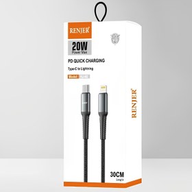 تصویر کابل شارژ پاوربانکی اپل به تایپ سی رنجر RENJER RJ-65 CHARGE CABLE iPhone Lightning TO Type-C RJ-65 PD 20W 5A 30CM