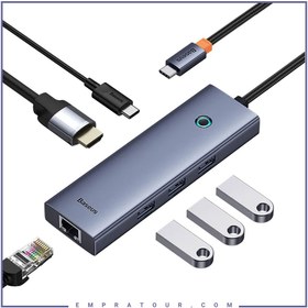 تصویر هاب 6 پورت تایپ سی بیسوس مدل BS-OH166 با 2 درگاه USB 3.0، درگاه USB 2.0، درگاه HDMI 4K و 2 درگاه تایپ سی Baseus UltraJoy Series BS-OH166 6-Port USB-C HUB Docking Station