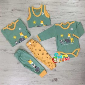 تصویر لباس تیکه ای نوزادی طرح زرافه و فیل و گورخر 