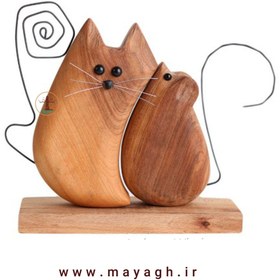 تصویر مجسمه چوبی مدل موش و گربه 