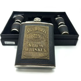 تصویر ست بطری جیبی چرم پلاک دار جک دنیلز Jack Daniels leather pocket bottle set with plaque