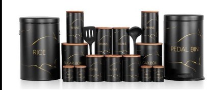 تصویر سرویس آشپزخانه اورانوس 17 پارچه مدل ماربل مشکی مات سنباده ای با درب چوبی و چاپ طلایی 