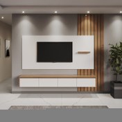 تصویر تی وی وال دکو سرو، مدل منتا - طول ۲۵۰، عرض ۳۵، ارتفاع ۲۶۰ / ام دی اف سفید و طرح چوب ا Menta tv wall Menta tv wall