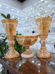 تصویر ست سه تیکه گلدان و میوه خوری کریستال طلاکوب طرح ورساچه رنگ کرم سایز540 petter crystal
