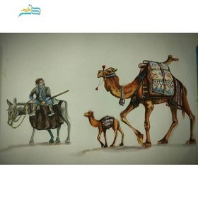 تصویر Watercolor painting of a camel caravan, with a black polymer frame, of very high quality 