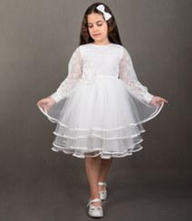 تصویر پیراهن دخترانه مجلسی سفید مدل دنیز طرح گیپور 