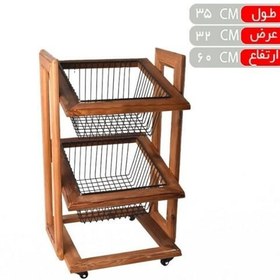 تصویر جا پیازی 2 طبقه مفتولی چوبی چرخ دار 