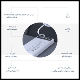 تصویر پاور بانک پی زد ایکس مدل C163 ظرفیت 18000 میلی آمپر ساعت 