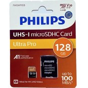تصویر کارت حافظه microSDHC فیلیپس مدل Ultra Pro کلاس 10 استاندارد UHS-I U3 سرعت 100MB/s ظرفیت 128 گیگابایت به همراه آداپتور MicroSDHC Philips Ultra Pro 128GB