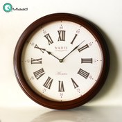 تصویر ساعت دیواری والتر Walther مدل 6031 | ساعت دیواری سایز 58 با موتور آرامگرد، بدنه و جزییات قهوه ای و صفحه کرم رنگ 