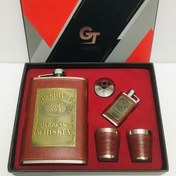 تصویر ست قمقمه جیبی دو شات چرم قهوه ای با فندک مدل جک دنیلز 