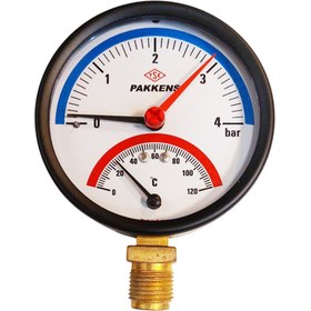 تصویر ترمومتر و مانومتر پکنز صفحه 10سانتی 0 تا 4 بار 0تا 120 د جه عمودی 