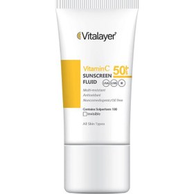 تصویر فلوئید ضدآفتاب بدون ‌رنگ ویتالیر، SPF50، مدل Vitamin C، مناسب انواع پوست و حجم 50 میلی‌لیتر، ضد آب، محافظت کننده در برابر اشعه U 