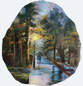 تصویر تابلو نقاشی روی چوب طرح منظره بارانی rainy landscape painting on wood