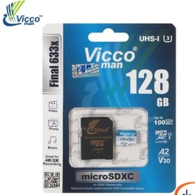 تصویر کارت حافظه microSD U3 A2 V30 CLASS10 ظرفیت 128 گیگابایت ویکومن سرعت 100m/s با خشاب آبی 