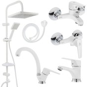 تصویر ست شیرالات زحل (مدل دنا سفید کروم)به همراه علم دوش حمام و شلنگ توالت 