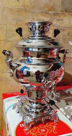 تصویر سماور گازی 6 لیتر قالب مهدیس با کوره تنوره دار بدنه برنج درجه یک ورق ضخیم با 1 سال ضمانت (طرح ساده) پس کرایه 