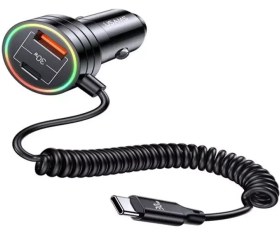 تصویر شارژر فندکی دوپورت تایپ سی و یو اس بی و کابل تایپ سی 60 وات یوسامز USAMS US-CC167 C33 Car Charger 60W with Spring Cable 