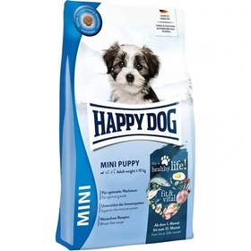 تصویر غذای خشک سگ هپی داگ مدل مینی پاپی وزن یک کیلوگرم بصورت زیپ کیپ happy dog dry food mini puppy