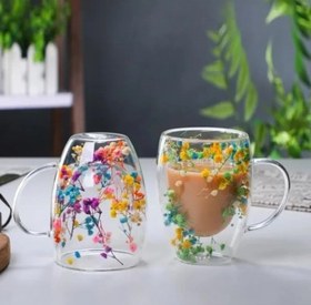 تصویر لیوان دوجداره گلدار پیرکس جفتی Pyrex floral double-walled glass