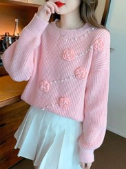 تصویر بلوز بافت فانتزی زنانه فری سایز رنگی یاسی گلبهی کرم 