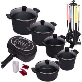 تصویر سرویس قابلمه 22 پارچه تکنو طرح ونوس _ مشکی ا 22-piece techno pot service, venus design - black 22-piece techno pot service, venus design - black