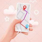 تصویر وکتور تلفن همراه در دست با نقشه و نشانگر ناوبری و ردیابی GPS Vector mobile phone in hand with map and GPS navigation and tracking pointer