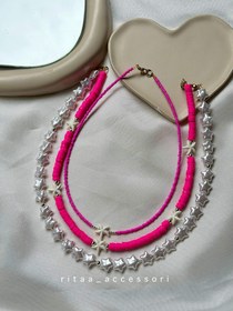 تصویر گردنبند سه لاین دخترانه مدل ستاره های صورتی 