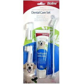 تصویر ست مسواک و خمیر دندان نعنایی مناسب سگ برند بیولاین Dental Care Pet Toothpaste With Mint 100g