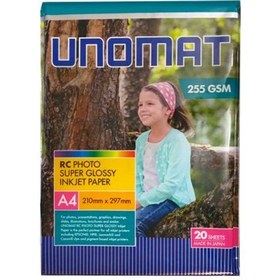 تصویر کاغذ چاپ عکس UNOMAT مدل Super Glossy سایز A4 بسته 20 عددی 255g 