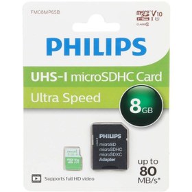 تصویر کارت حافظه microSDHC فیلیپس مدل V30 A1 کلاس 10 استاندارد UHS-I Ultra Speed U1 سرعت 80MB/s به همراه آداپتور ظرفیت 8 گیگابایت 