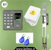 تصویر پکیج کنترل تردد درب آپارتمان = اکسس کنترل اثر انگشت، رمز و کارت + مقابل برقی SARO اسپانیا + منبع تغذیه Kelitec 