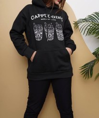 تصویر هودی تک رنگ چاپی زنانه جنس دورس تو کرکی - مشکی 