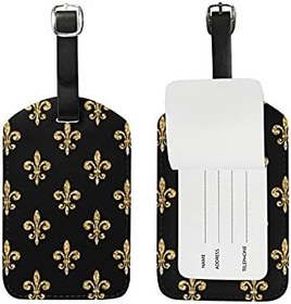 تصویر susiyo Golden Fleur-De-Lis Floral Black Luggage Tag, 2 Pcs PU Leather Travel Suitcase Labels ID Tags for Baggage 