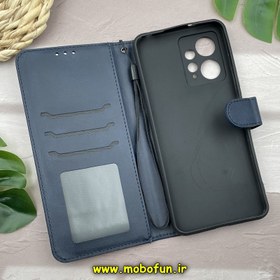 تصویر کیف گوشی Redmi Note 12 4G شیائومی مگنتی طرح چرم کتابی محافظ لنزدار بنددار سرمه ای note 12(4g)