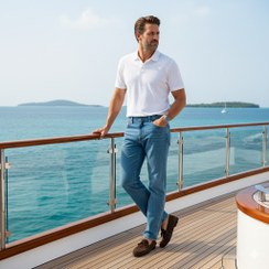 تصویر شلوار جین راسته مردانه نخ پنبه رانگلر آبی روشن نخ دوخت طلایی مدل P-JRP-ART - W38L30 Wrangler Straight Jeans Active Ready Series